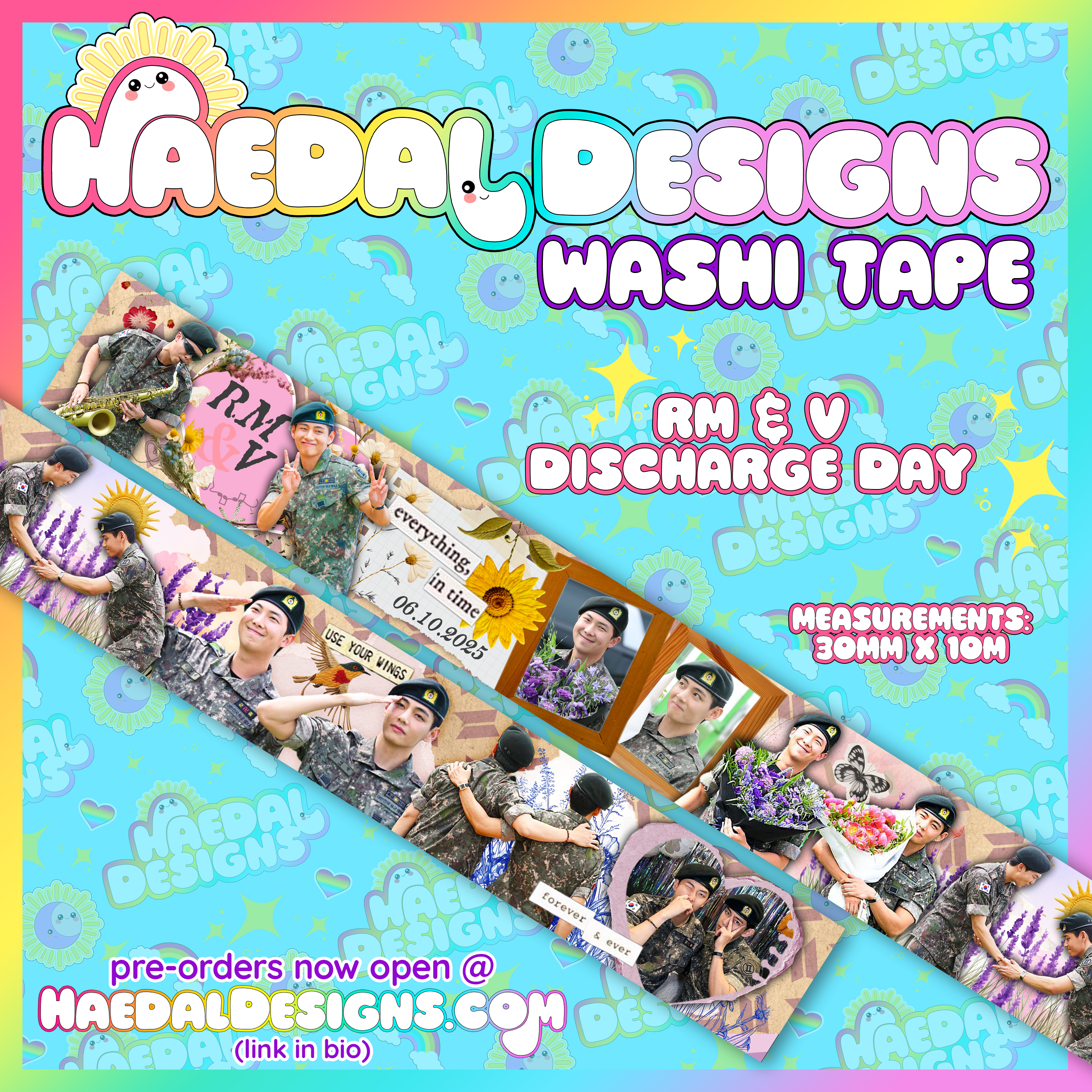 Discharge Day 30mm washi tape roll featuring nostalgic soft hued floral and scrapbook style illustrations — view 6