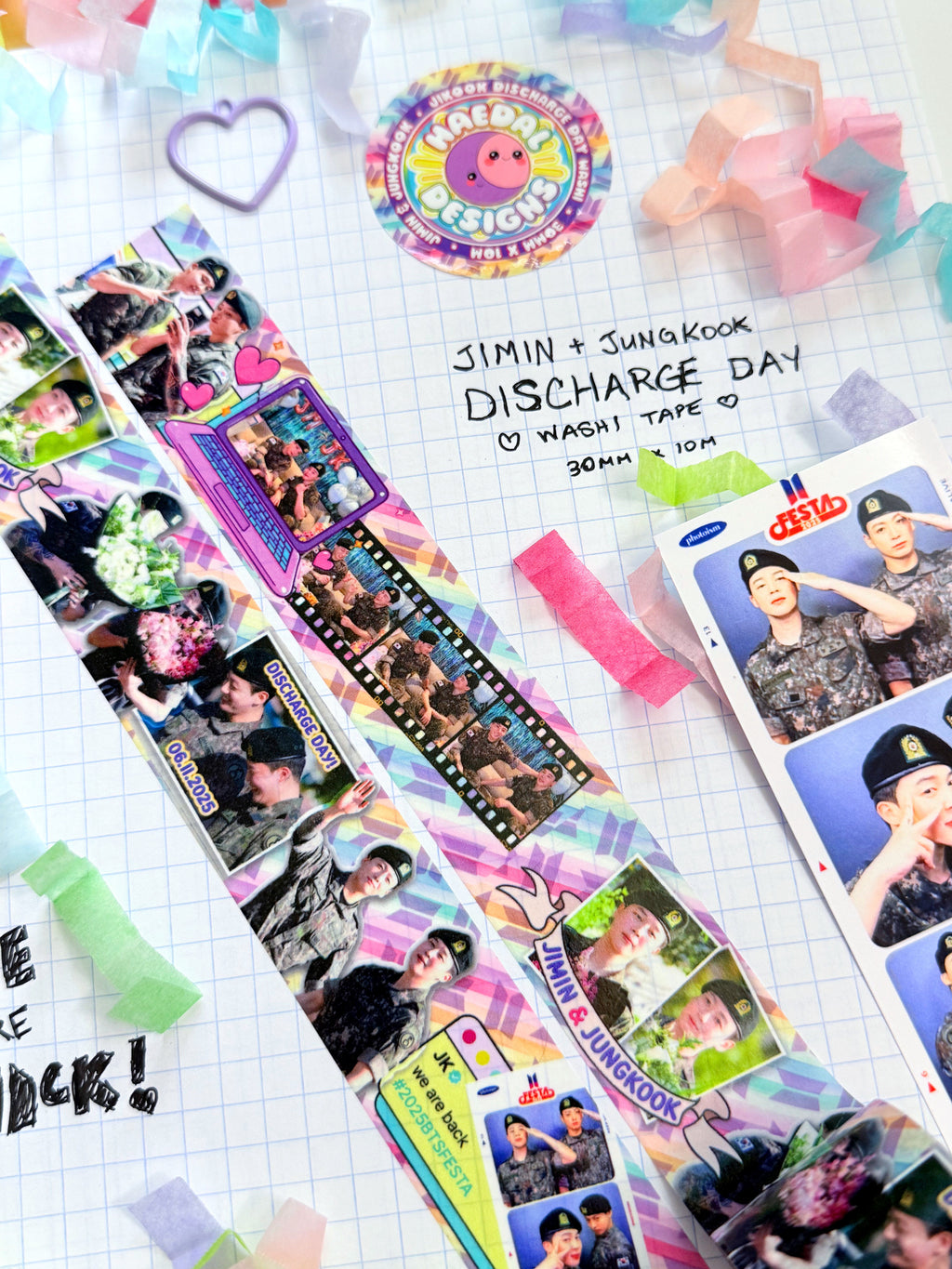 Jimin and Jungkook discharge day washi tape roll featuring printed snapshot designs for scrapbooking — view 7