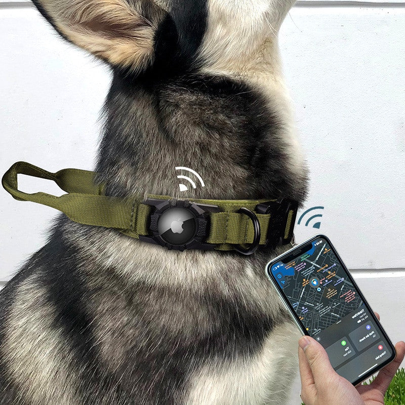 Tactical AirTag dog collar in solid color nylon with quick release buckle and tracker holder