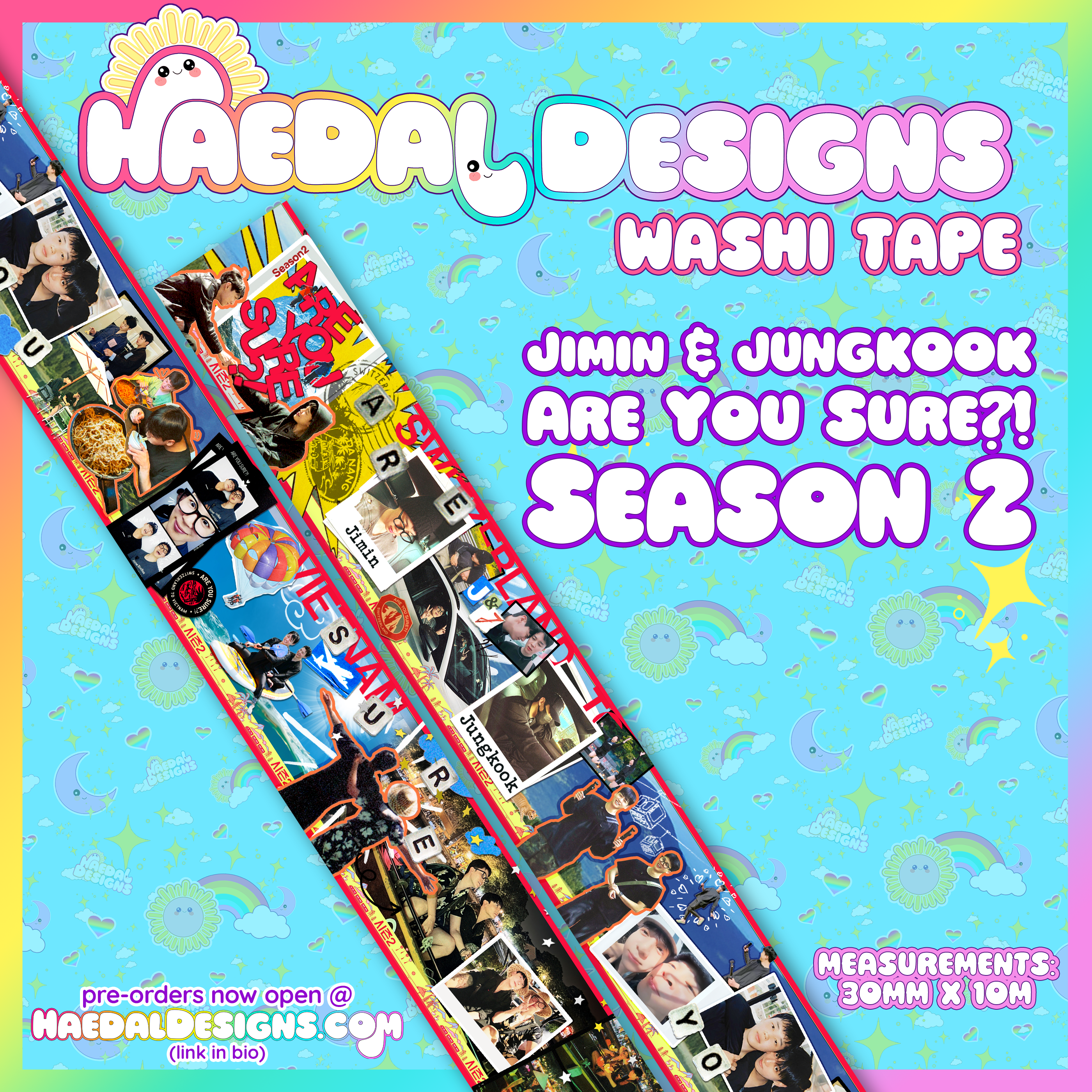 Extra wide 30mm Jimin and Jungkook decorative washi tape roll for aesthetic scrapbooking and journaling — view 7