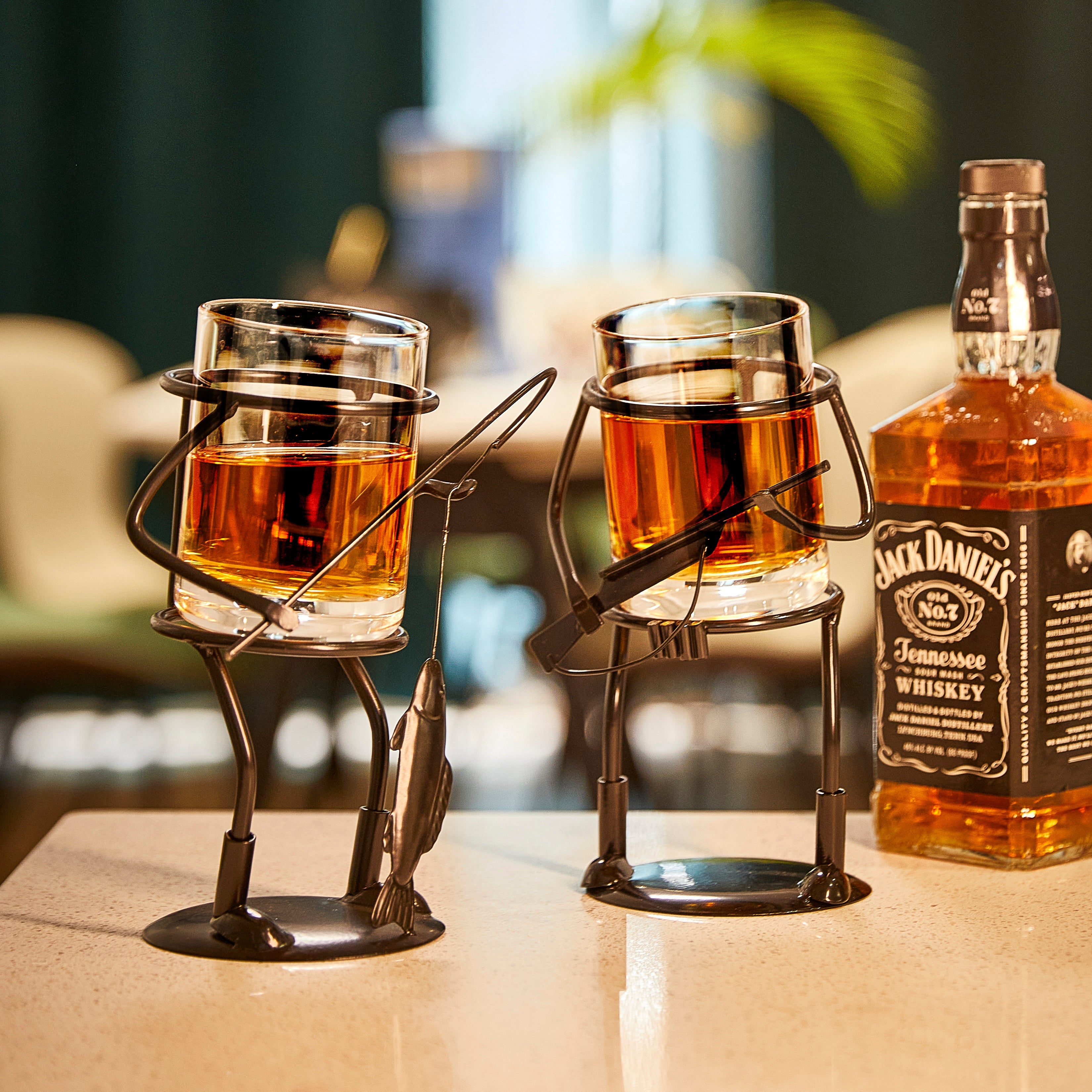 Rifle hunter whiskey glass and rustic metal cup holder with bullet embedded in the side. — view 5