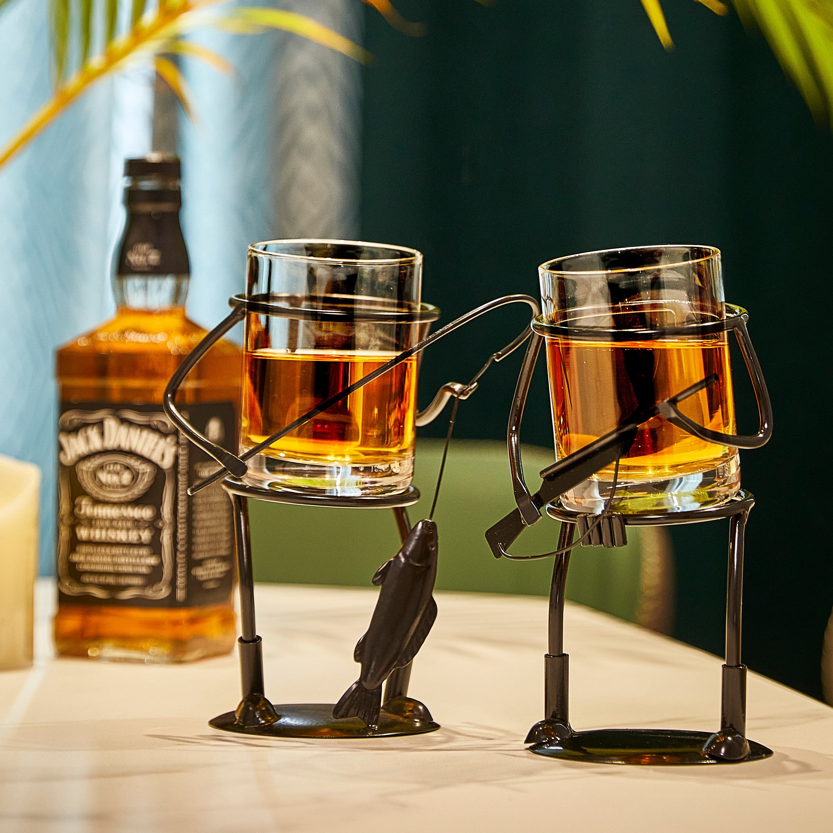 Rifle hunter whiskey glass and rustic metal cup holder with bullet embedded in the side. — view 3