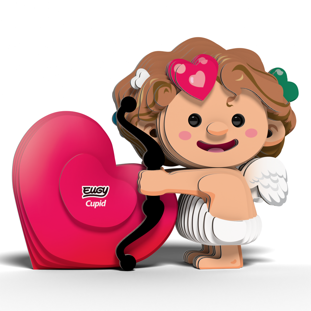 Assembled cardboard Cupid 3D puzzle with a smiling face bow and red heart — view 2