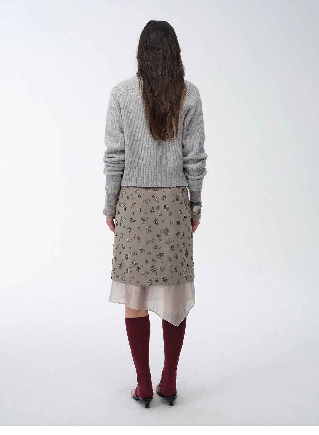 Womens asymmetrical hand-embroidered sequin floral skirt with sheer irregular hemline detailing. — view 5