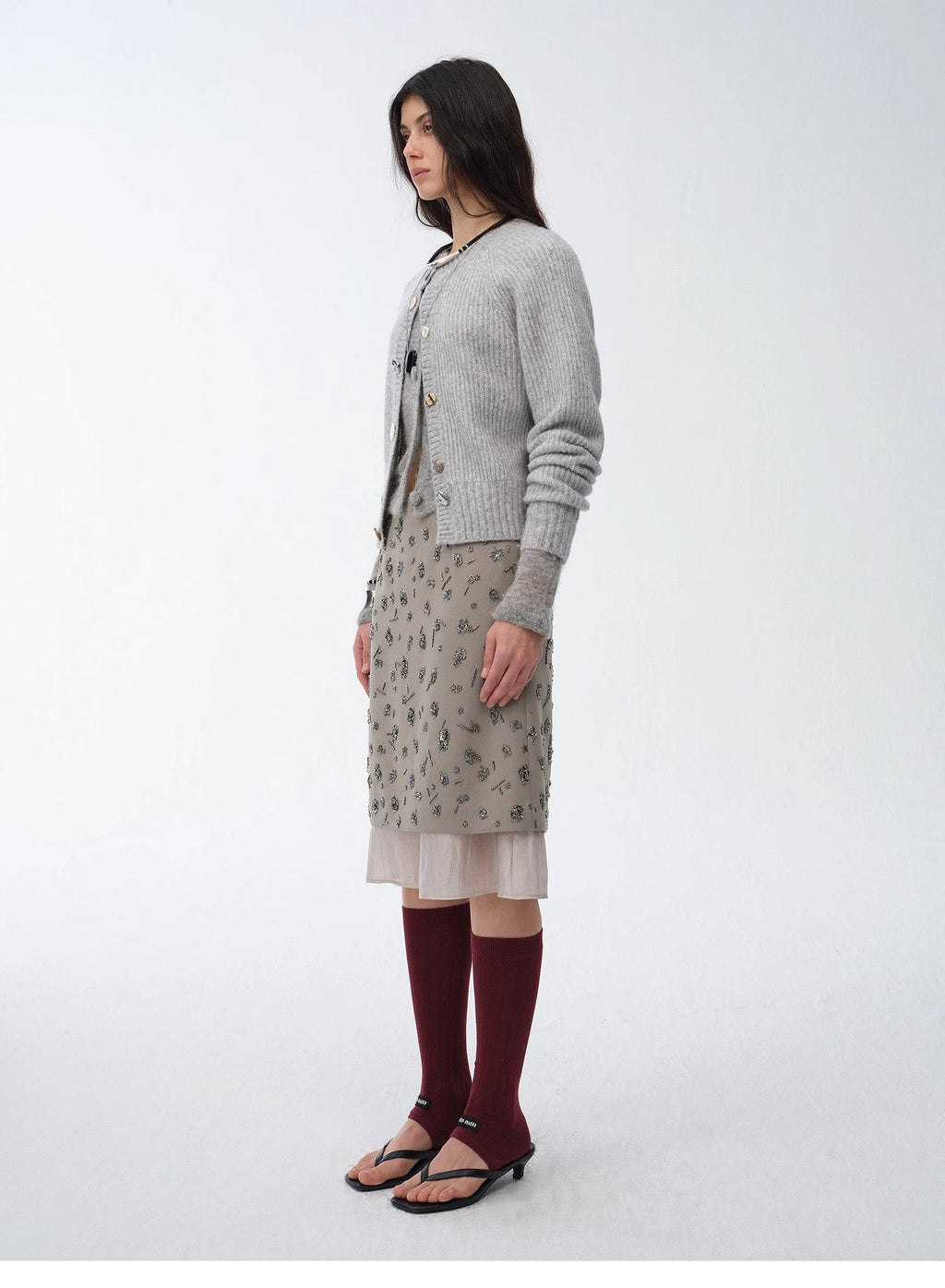 Womens asymmetrical hand-embroidered sequin floral skirt with sheer irregular hemline detailing. — view 4