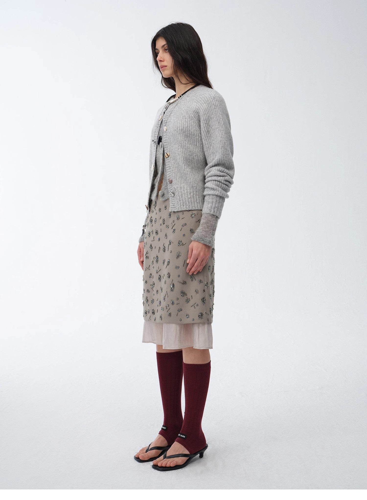 Womens asymmetrical hand-embroidered sequin floral skirt with sheer irregular hemline detailing. — view 4