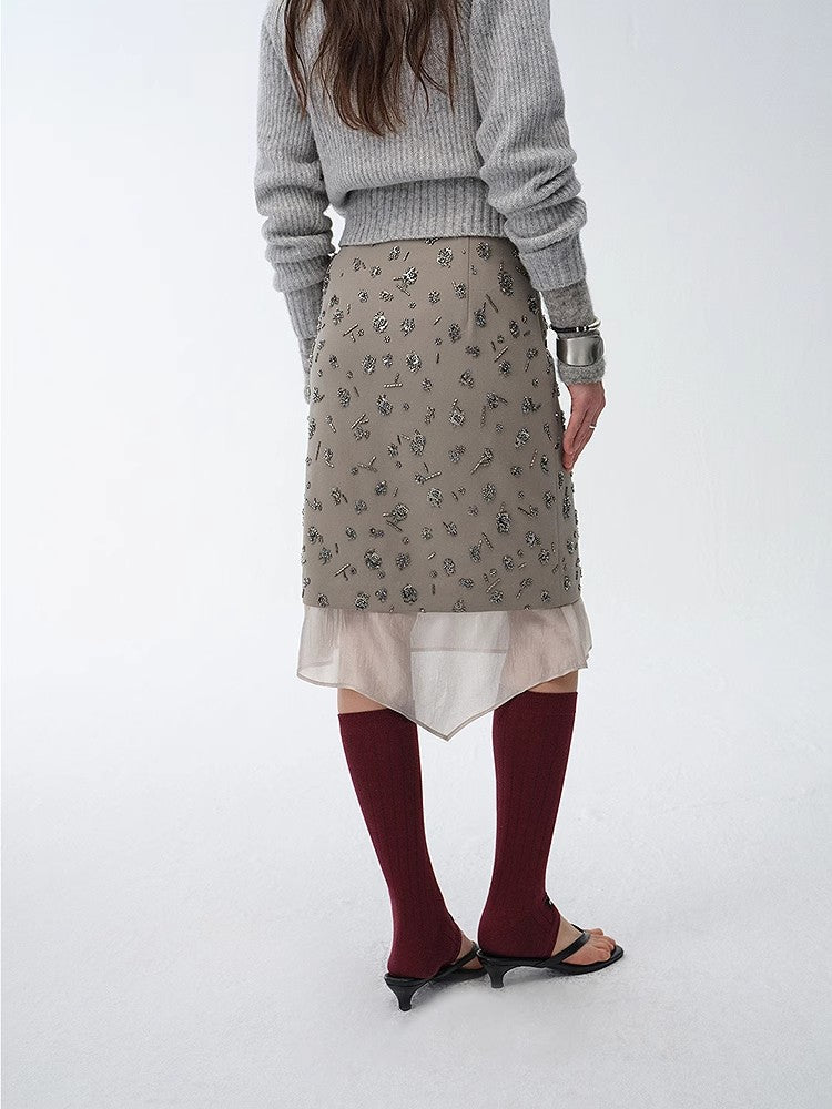 Womens asymmetrical hand-embroidered sequin floral skirt with sheer irregular hemline detailing. — view 3