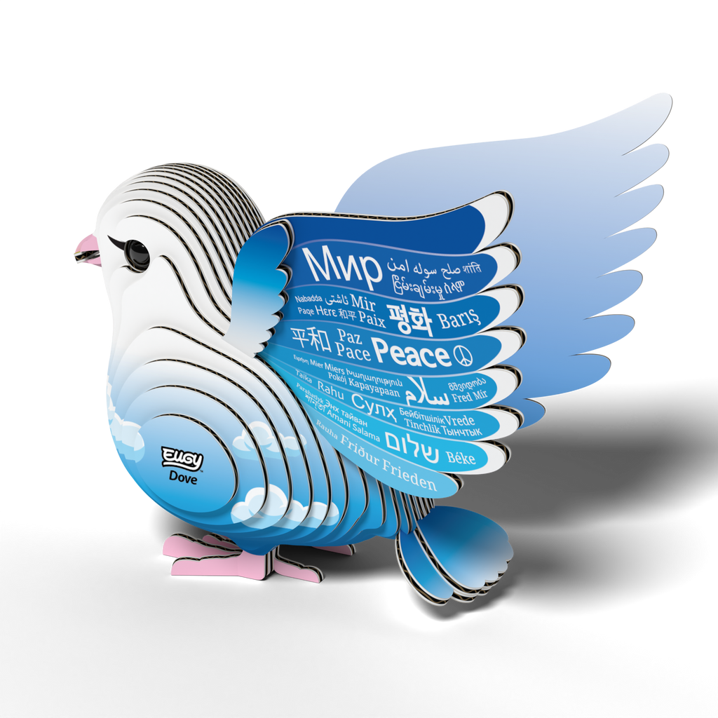 EUGY dove 3D puzzle made of eco-friendly cardboard featuring peace written on spread wings — view 4