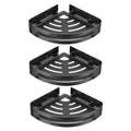 Black stainless steel corner shelf set of three, wall mounted for bathroom and kitchen organization.