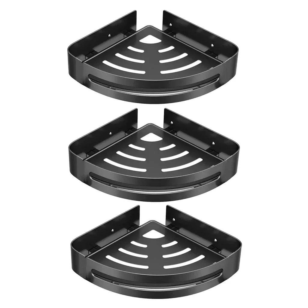 Black stainless steel corner shelf set of three, wall mounted for bathroom and kitchen organization.