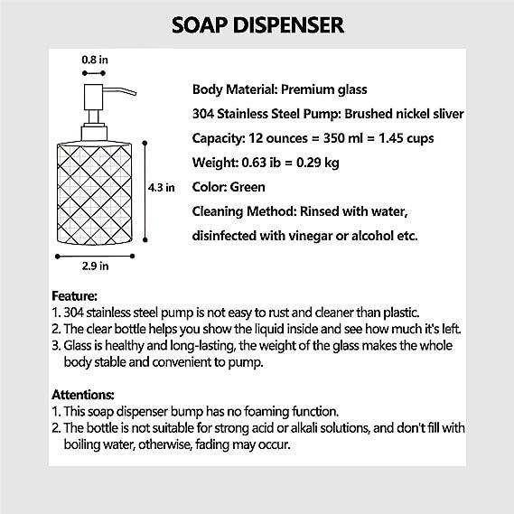 350ml diamond patterned white glass soap dispenser with green rust-proof pump for bathroom or kitchen — view 2