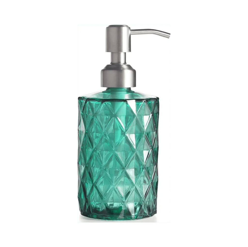 350ml diamond patterned white glass soap dispenser with green rust-proof pump for bathroom or kitchen