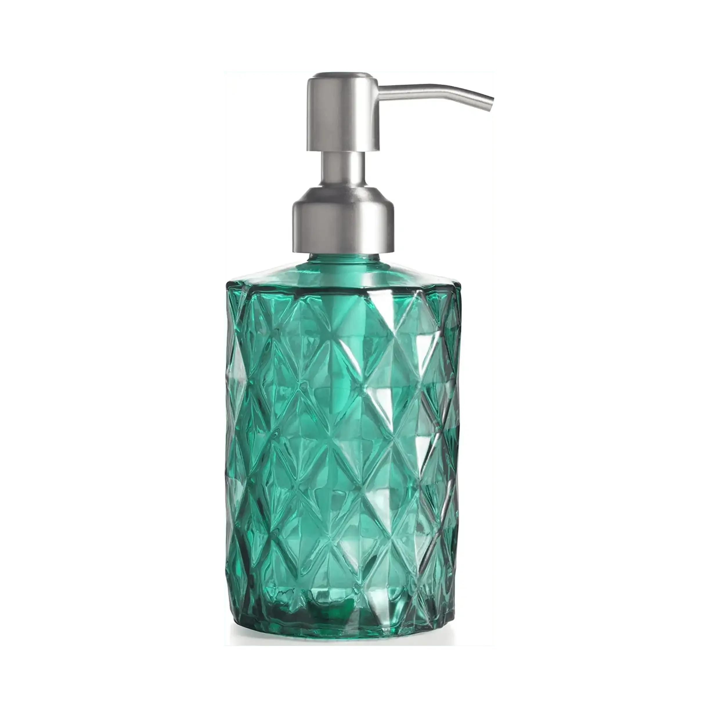 350ml diamond patterned white glass soap dispenser with green rust-proof pump for bathroom or kitchen