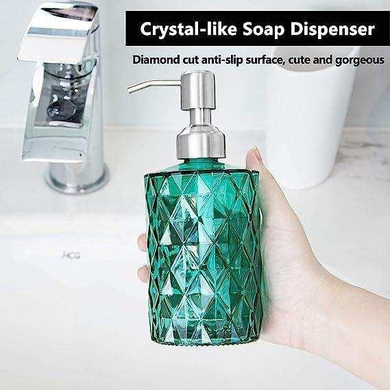 350ml diamond patterned white glass soap dispenser with green rust-proof pump for bathroom or kitchen — view 3
