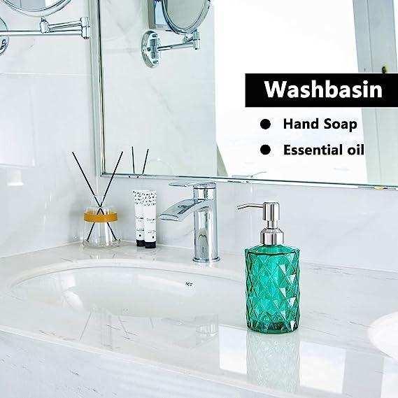350ml diamond patterned white glass soap dispenser with green rust-proof pump for bathroom or kitchen — view 5