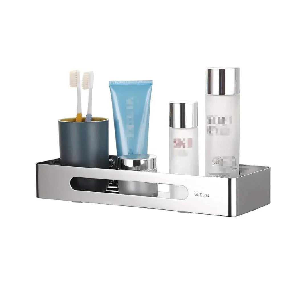 Square stainless steel corner shelf in silver finish for bathroom and kitchen organization.