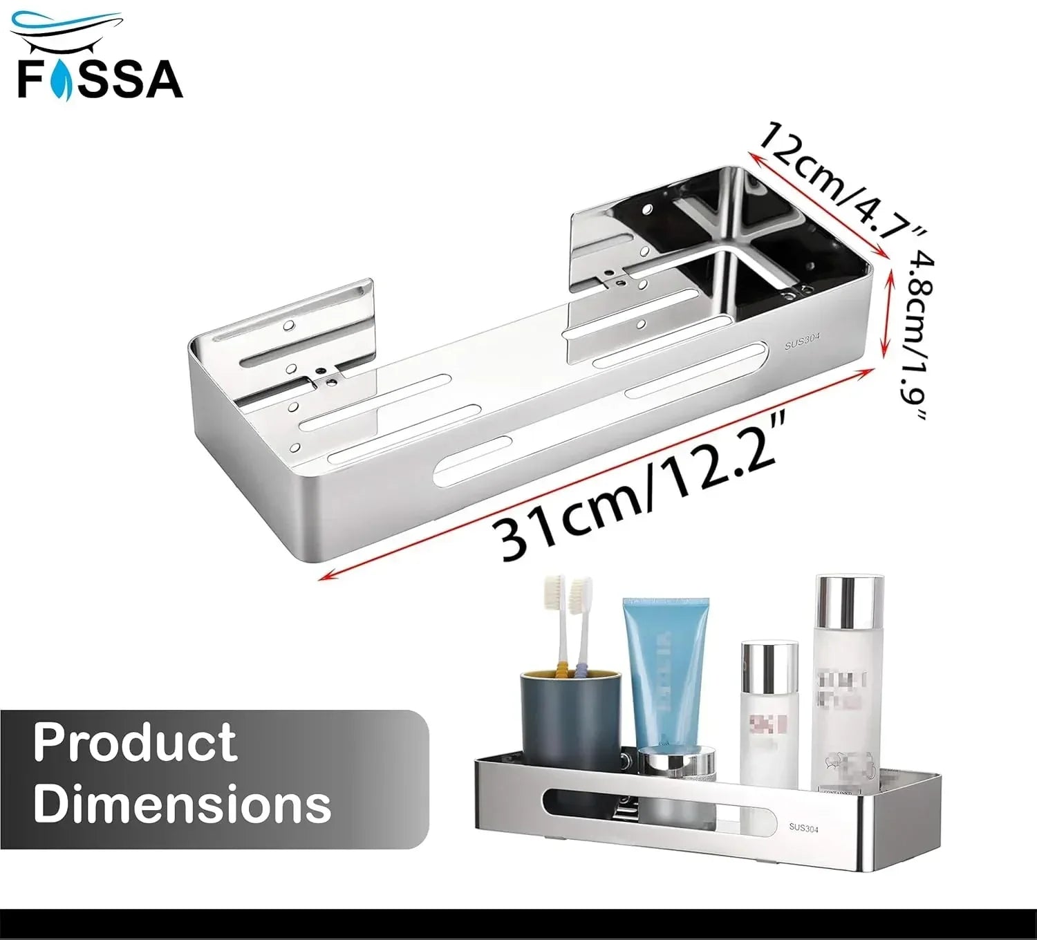 Square stainless steel corner shelf in silver finish for bathroom and kitchen organization. — view 2