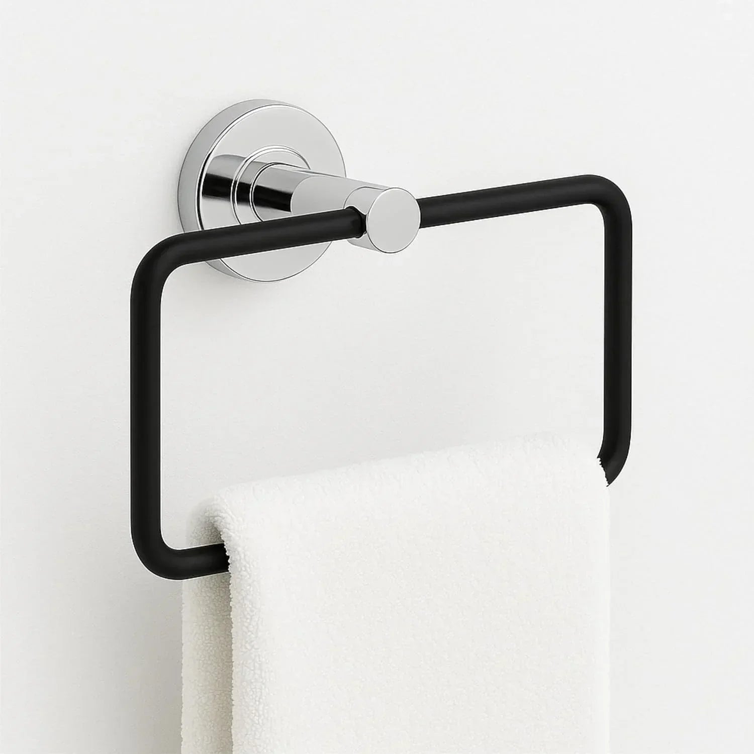 Square stainless steel hand towel ring in a modern black and silver chrome finish
