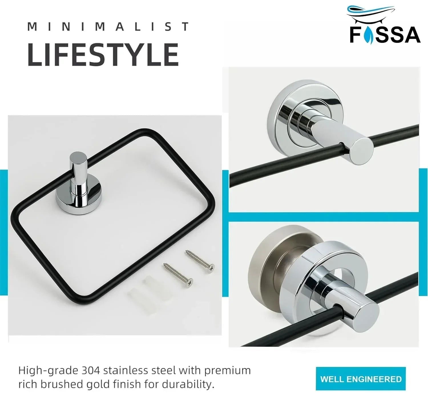 Square stainless steel hand towel ring in a modern black and silver chrome finish — view 4