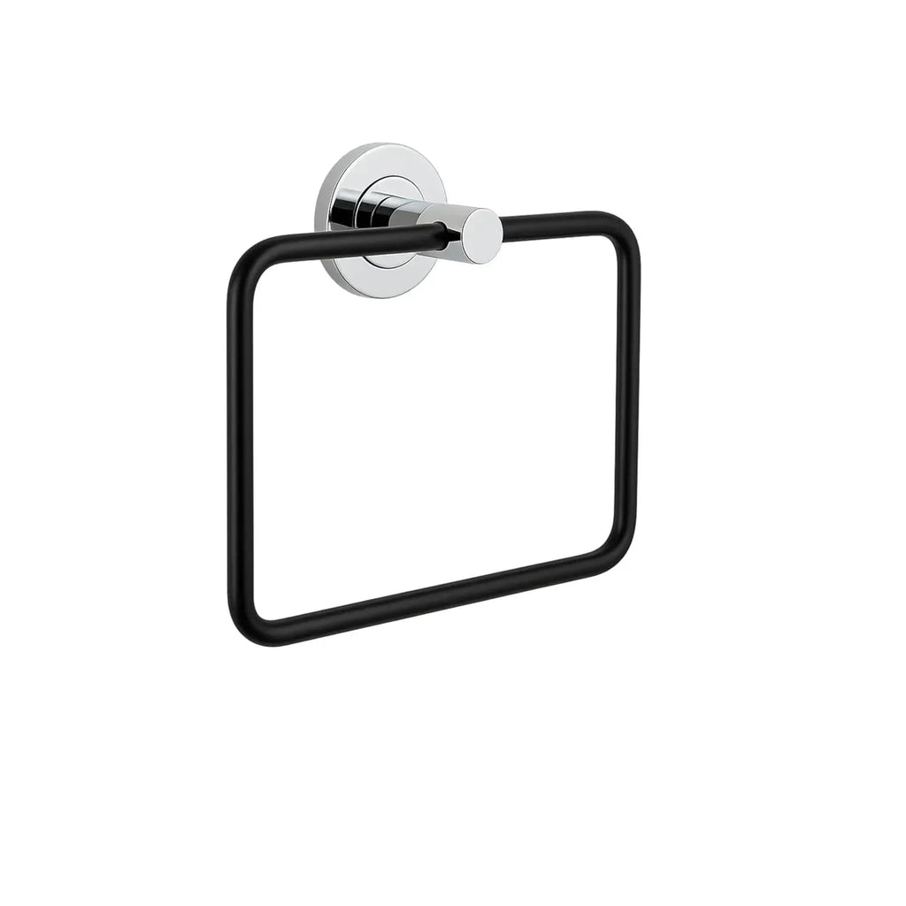 Square stainless steel hand towel ring in a modern black and silver chrome finish — view 2