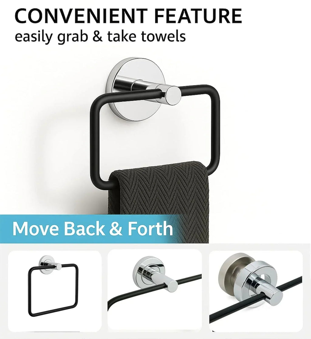 Square stainless steel hand towel ring in a modern black and silver chrome finish — view 3