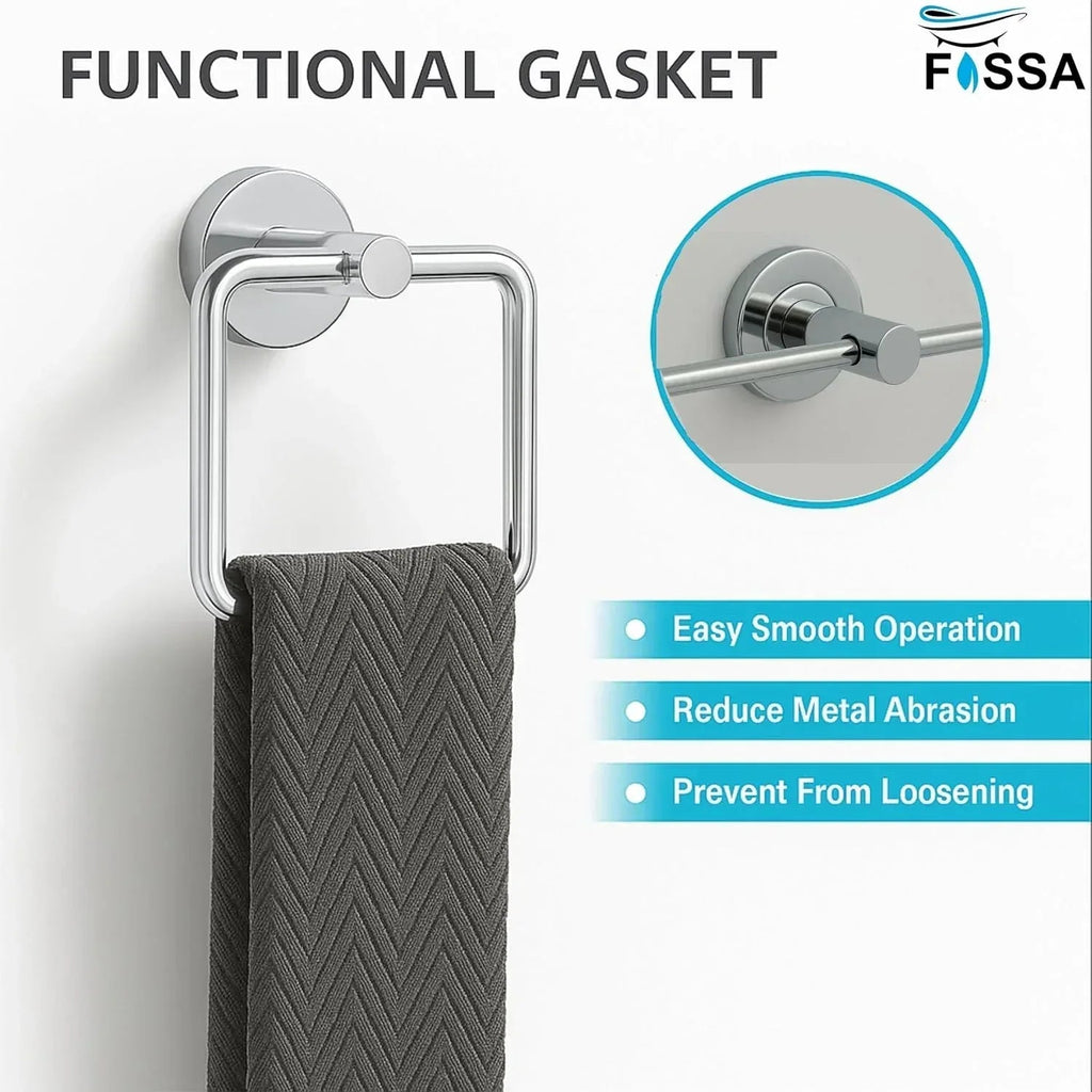 Square stainless steel towel ring with sleek silver chrome finish mounted on modern bathroom wall. — view 3