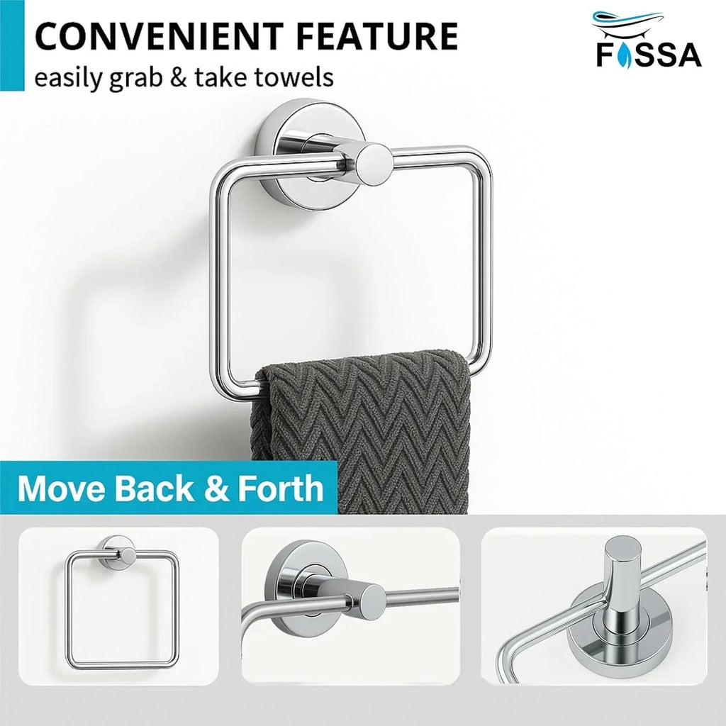 Square stainless steel towel ring with sleek silver chrome finish mounted on modern bathroom wall. — view 2