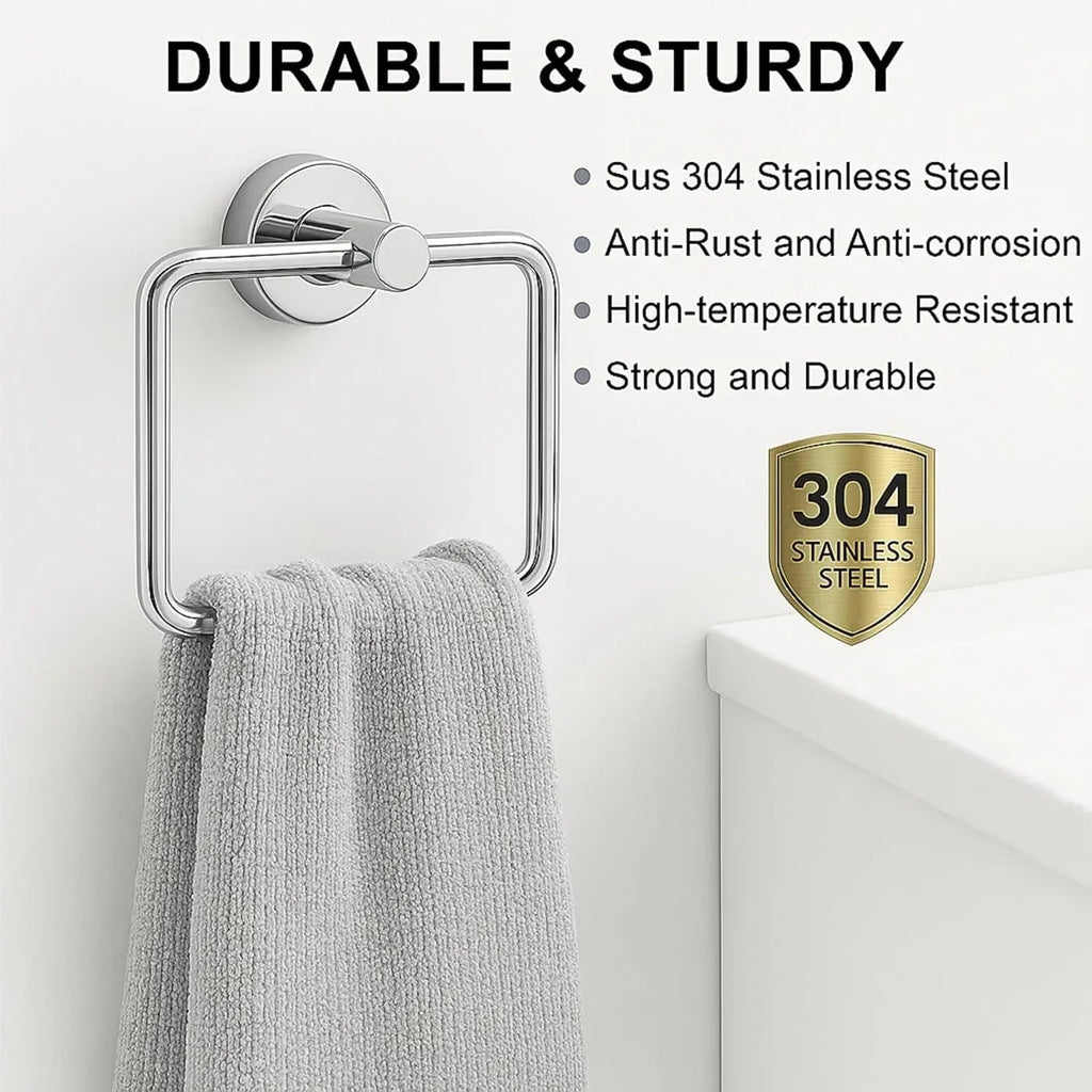 Square stainless steel towel ring with sleek silver chrome finish mounted on modern bathroom wall. — view 4