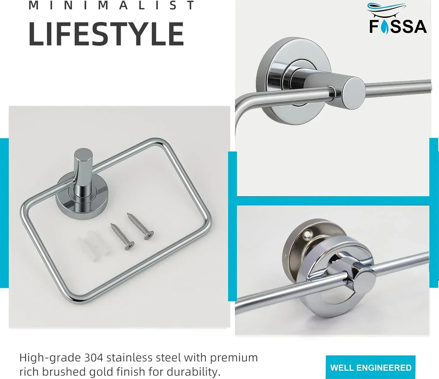 Square stainless steel towel ring with sleek silver chrome finish mounted on modern bathroom wall. — view 5
