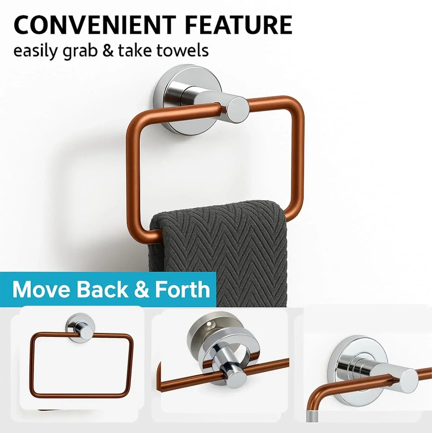 Square stainless steel towel ring with rose gold and silver finish for modern bathroom decor — view 4
