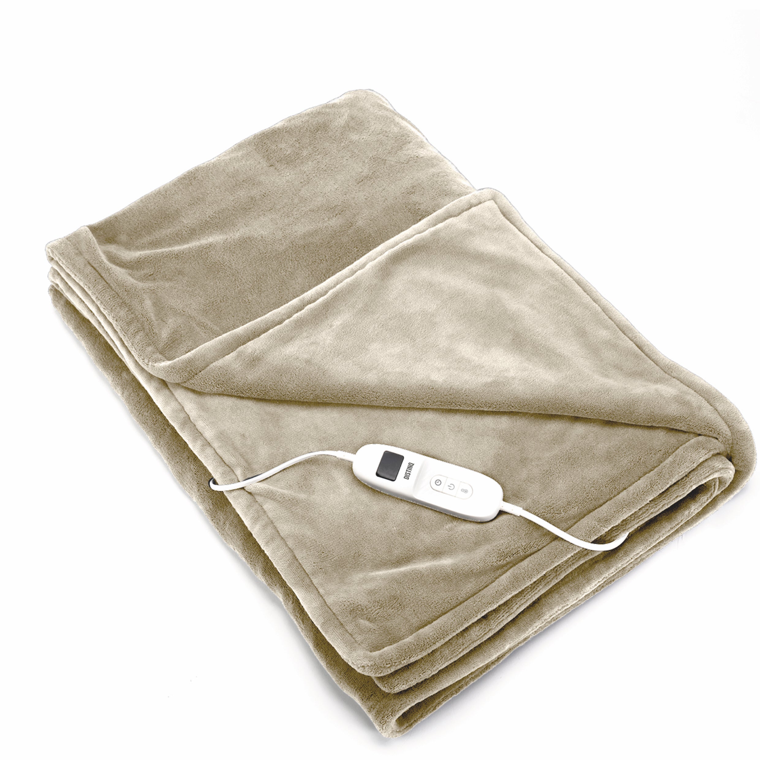 Extra-large beige flannel fleece electric blanket spread neatly over a comfortable couch — view 4