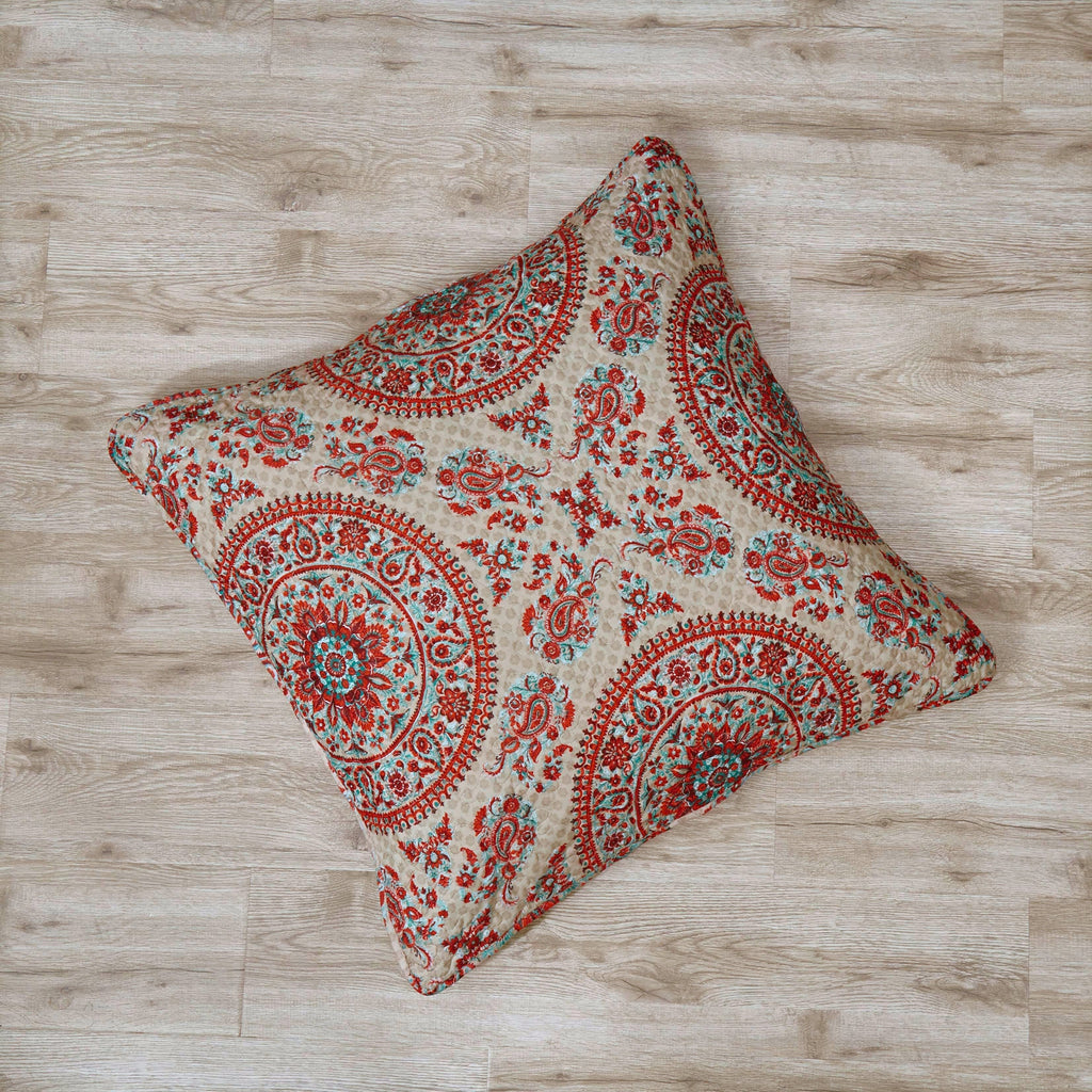 Bohemian desert medallion throw pillow cover featuring warm taupe floral patterns in soft microfiber fabric. — view 3