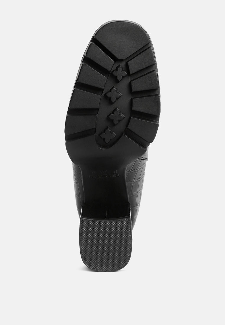 Black faux leather croc textured Chelsea boots with chunky block heel and elastic side gussets — view 5