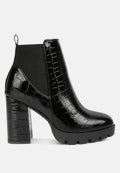Black faux leather croc textured Chelsea boots with chunky block heel and elastic side gussets