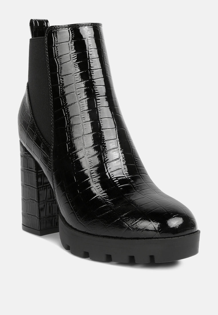 Black faux leather croc textured Chelsea boots with chunky block heel and elastic side gussets — view 2