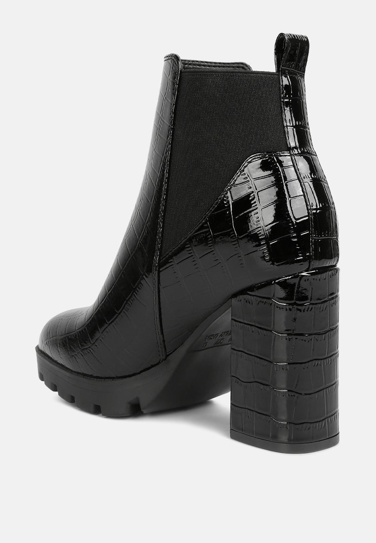 Black faux leather croc textured Chelsea boots with chunky block heel and elastic side gussets — view 3