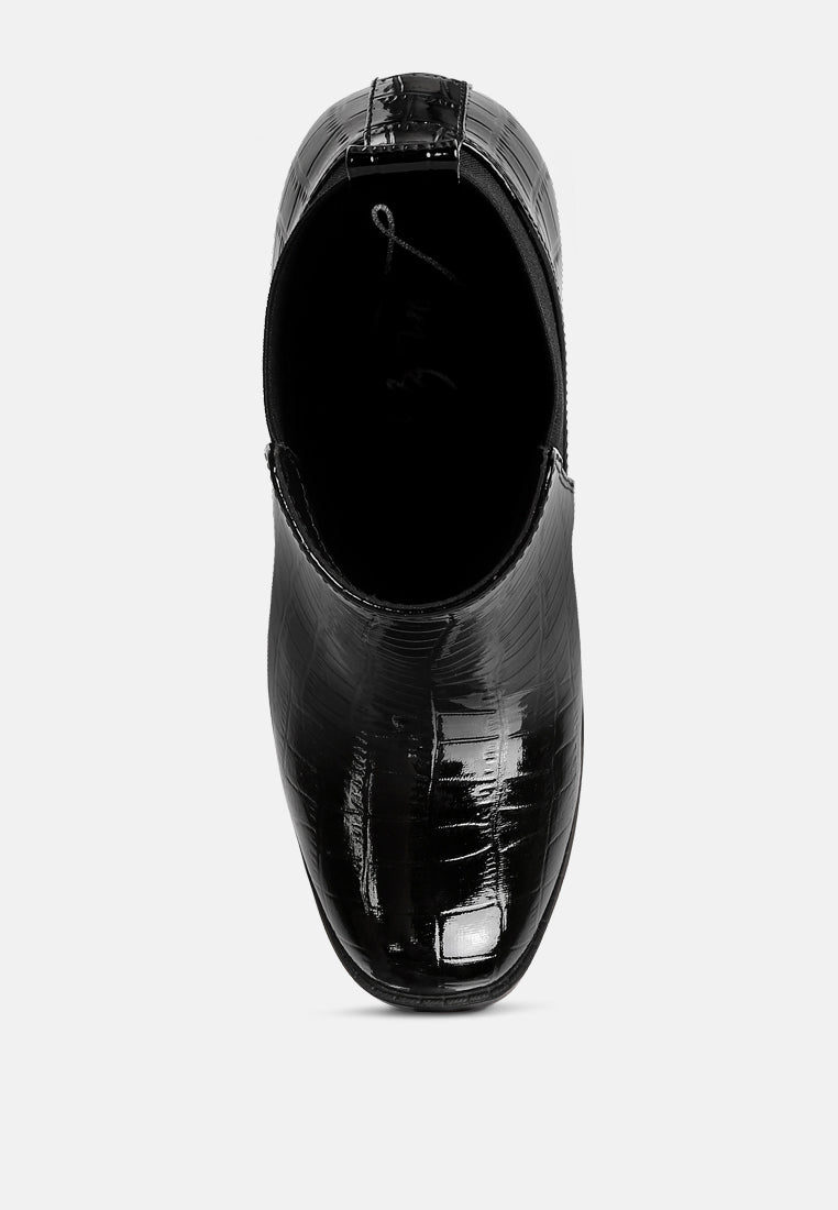 Black faux leather croc textured Chelsea boots with chunky block heel and elastic side gussets — view 4