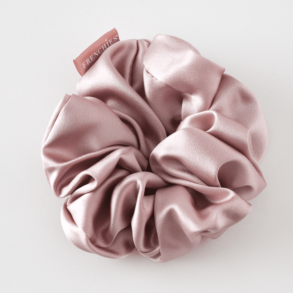 Large pink 100 percent mulberry silk scrunchie for damage free hair styling and secure everyday hold — view 4