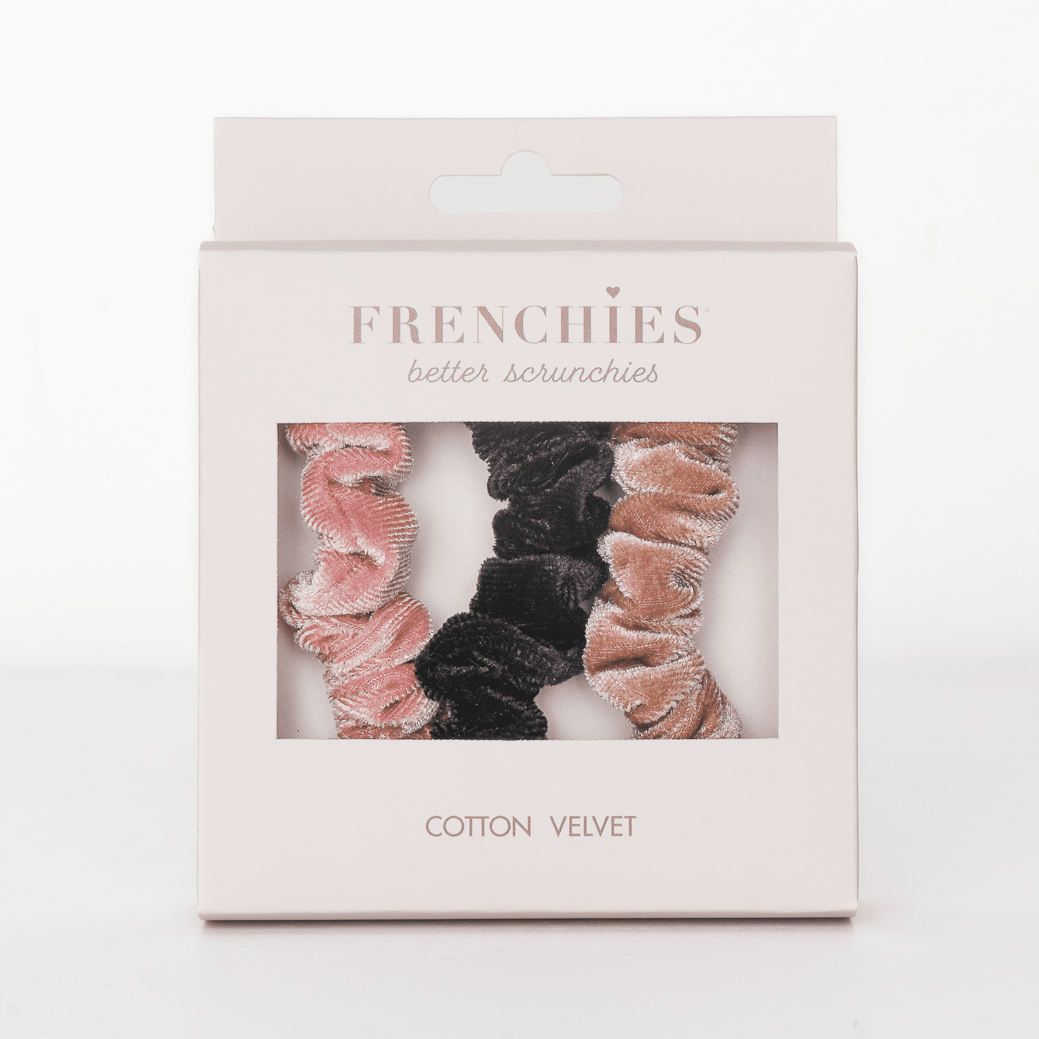 Three small premium cotton velvet hair scrunchies with a soft texture and non-slip design.