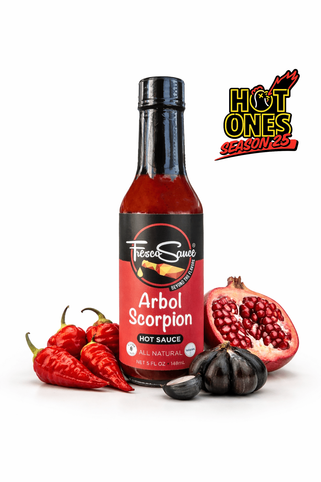 Arbol Scorpion Hot Sauce bottle with red spicy condiment for wings and tacos — view 2