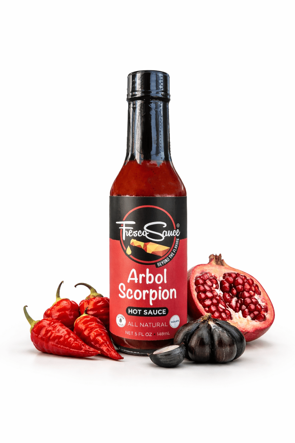 Arbol Scorpion Hot Sauce bottle with red spicy condiment for wings and tacos — view 3