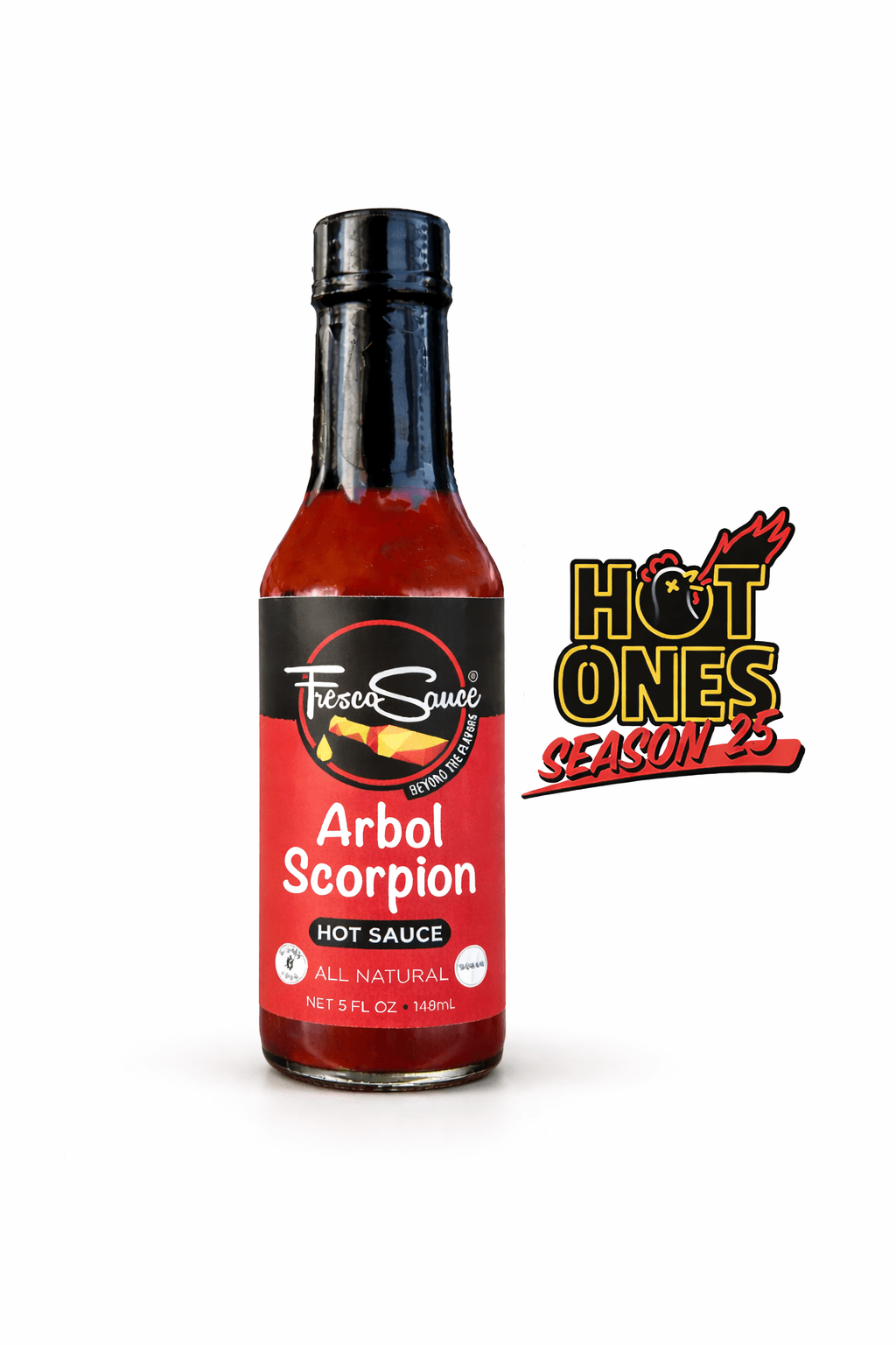 Arbol Scorpion Hot Sauce bottle with red spicy condiment for wings and tacos — view 4