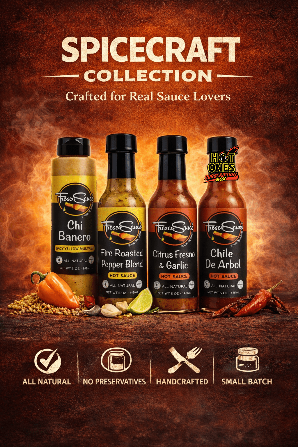 Fresco hot sauce four pack gift set featuring four glass bottles of spicy condiments in box