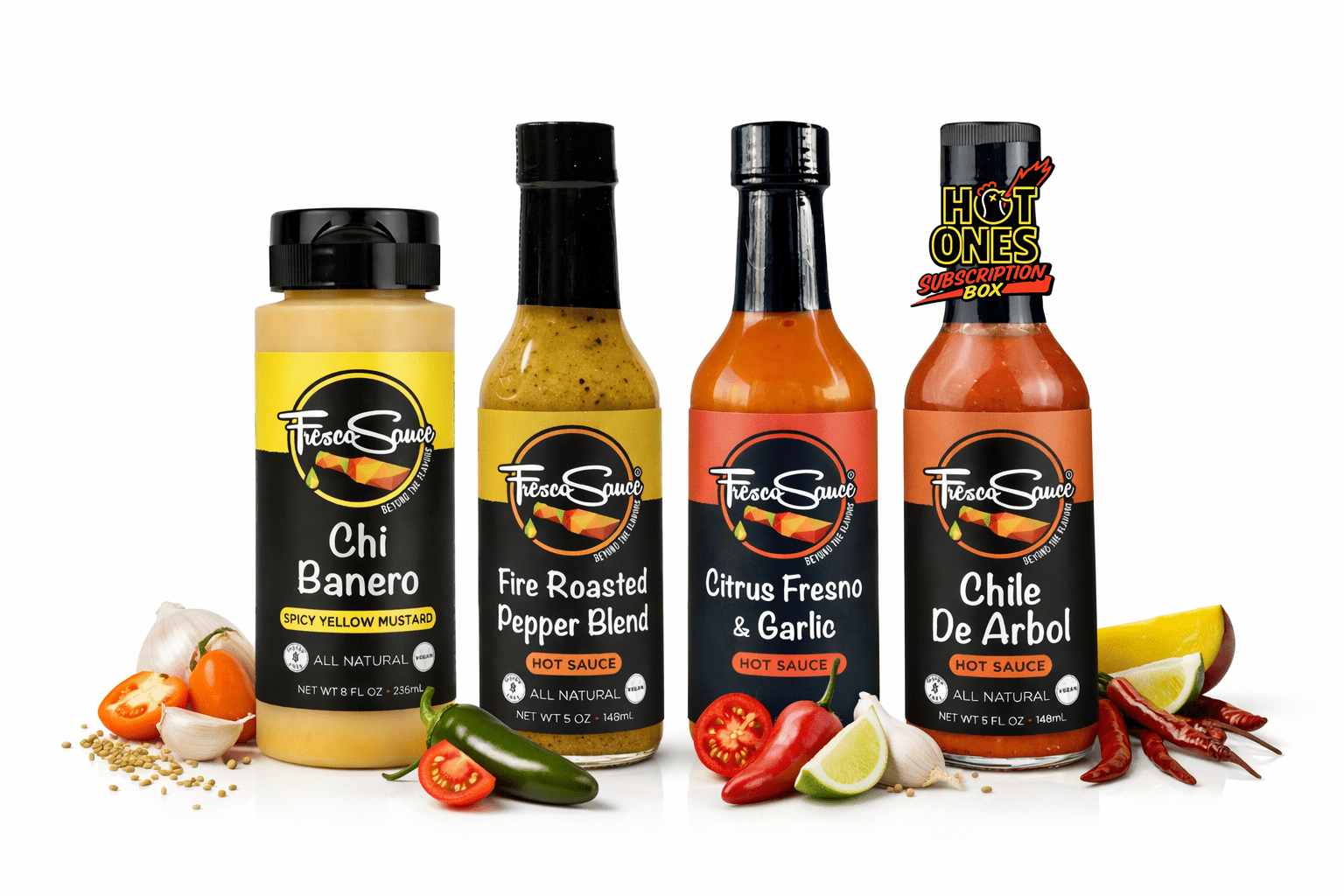 Fresco hot sauce four pack gift set featuring four glass bottles of spicy condiments in box — view 3