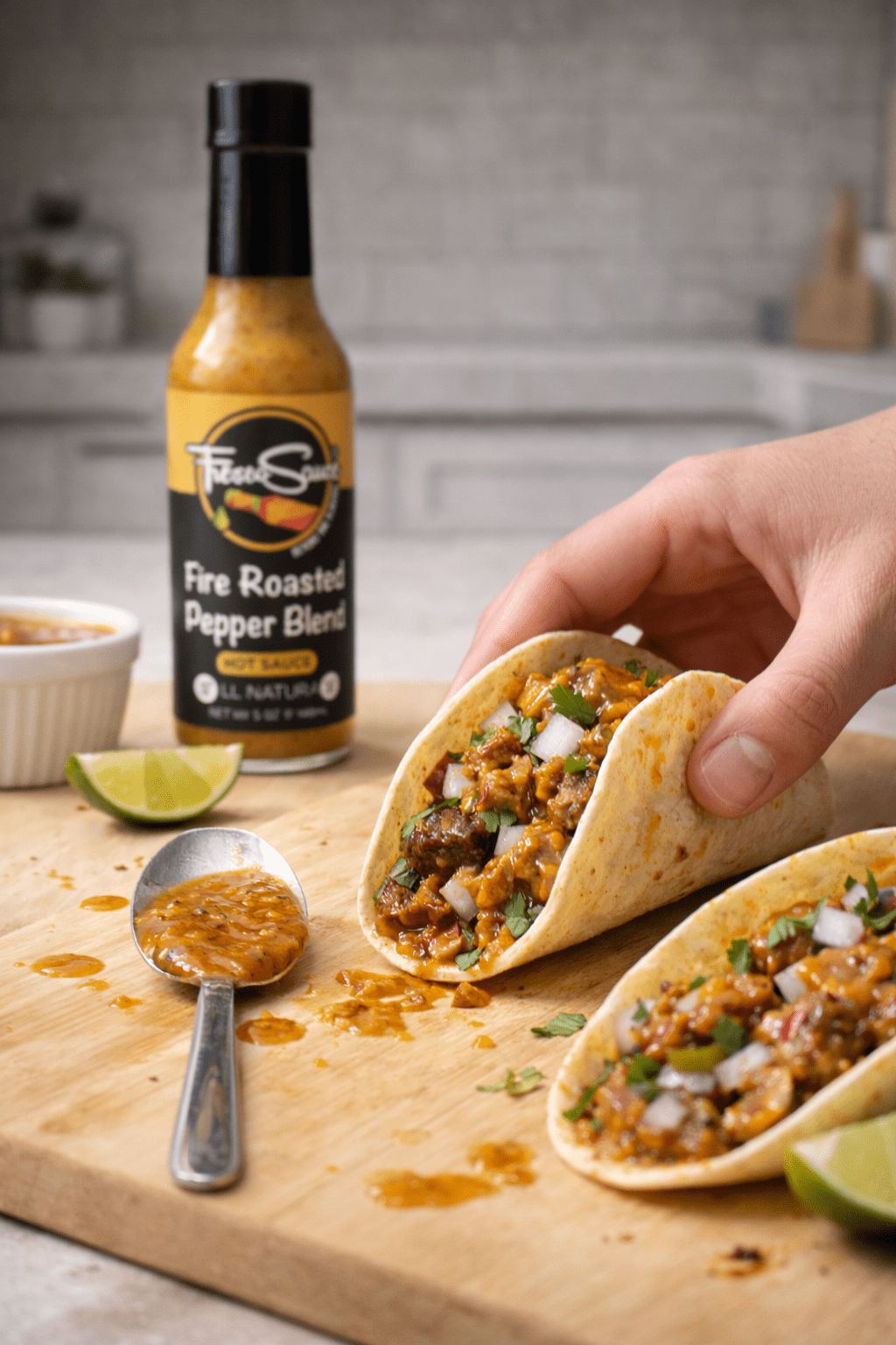 Fire Roasted Pepper Blend Hot Sauce in a glass bottle with fresh jalapenos — view 5