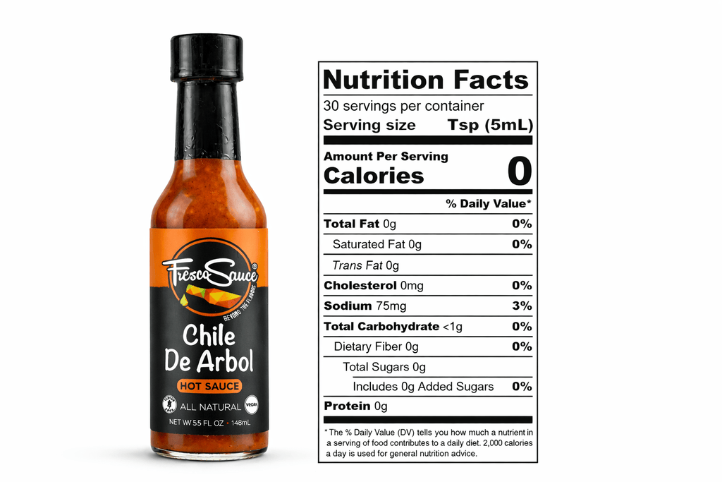 Fresco Sauce Chile De Arbol hot sauce bottle with fiery red liquid and natural ingredients. — view 4