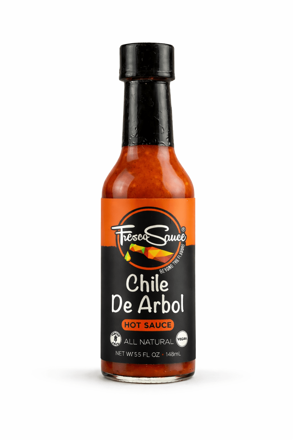 Fresco Sauce Chile De Arbol hot sauce bottle with fiery red liquid and natural ingredients. — view 5
