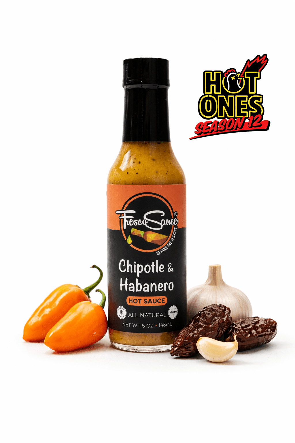 Fresco Sauce chipotle and habanero hot sauce bottle with orange label and fiery red condiment — view 2