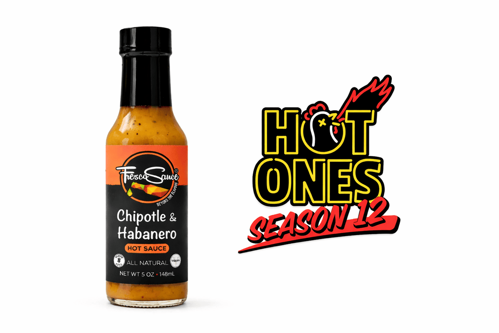 Fresco Sauce chipotle and habanero hot sauce bottle with orange label and fiery red condiment — view 5