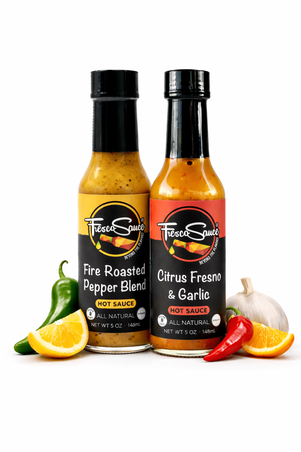 Fresco Sauce Citrus Duet hot sauce pack featuring two bottles of fire roasted and garlic flavors